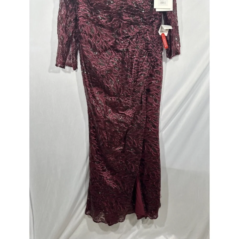 NWT $698 Mac Duggal‎ [ 16 ] Long Sleeve Ruched Sequined V Neck Gown Garnet Red